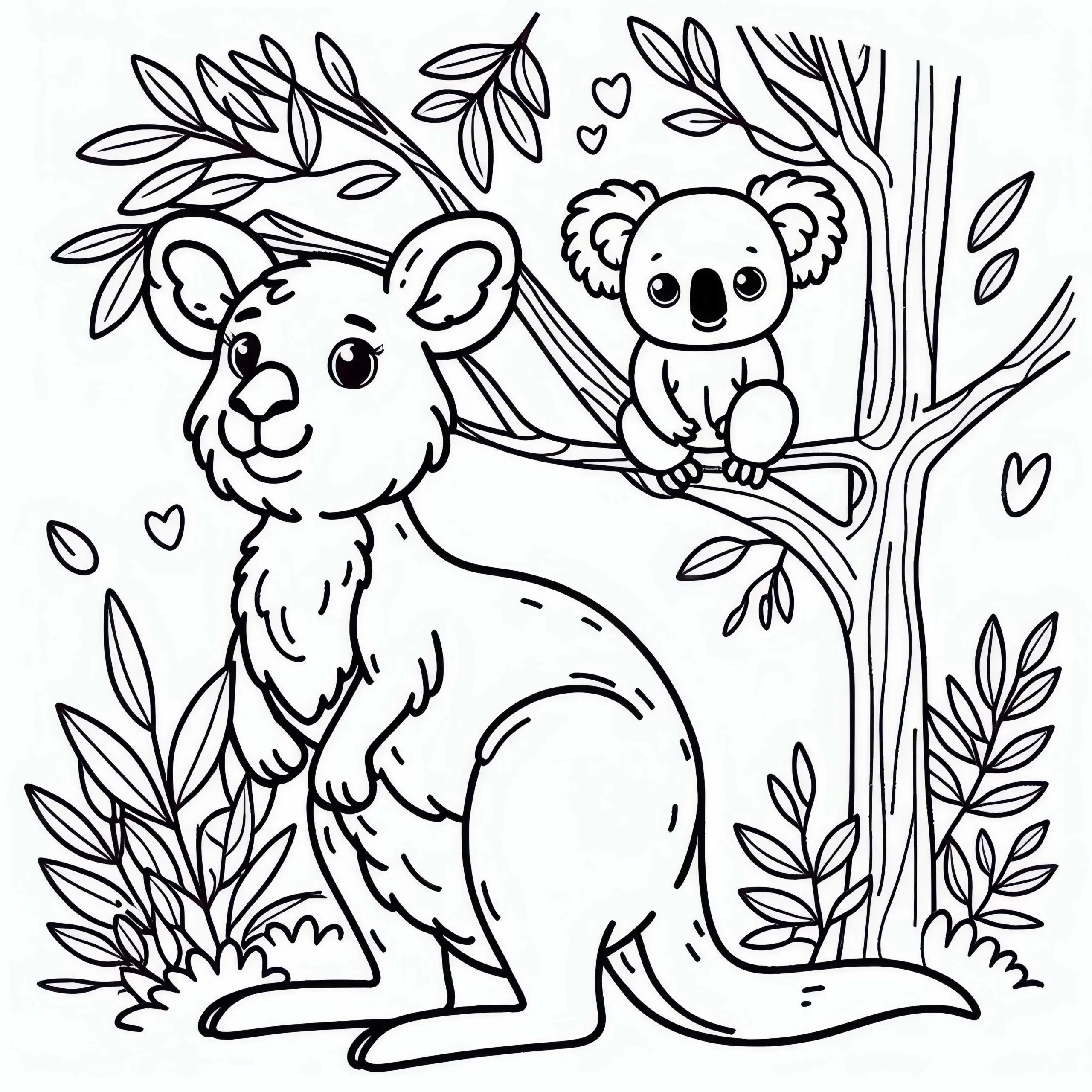 Känguru mit Koala auf Eukalyptusbaum als Ausmalbild (Kostenlos)