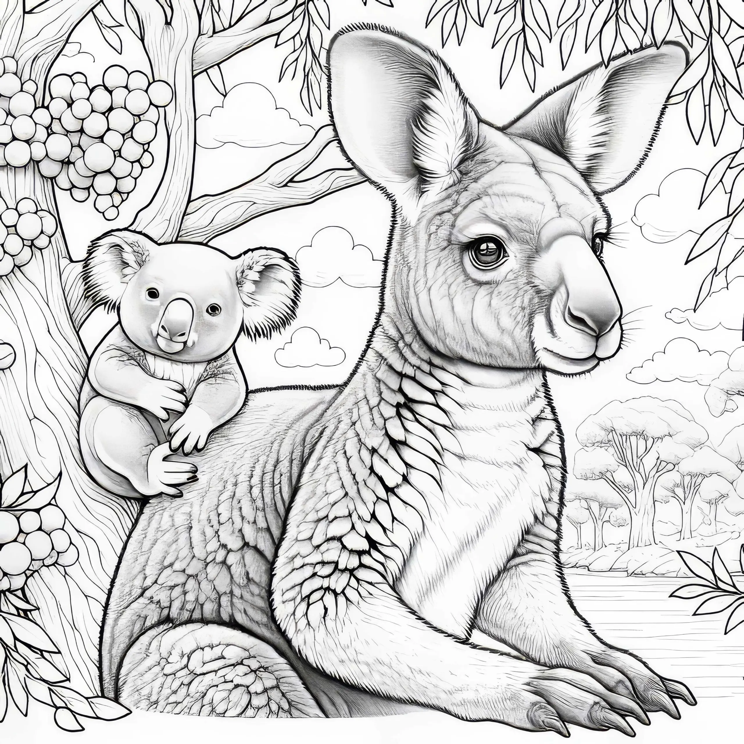 Känguru mit Koala auf Eukalyptusbaum: Malvorlage zum Download (Kostenlos) (Ausmalbild)