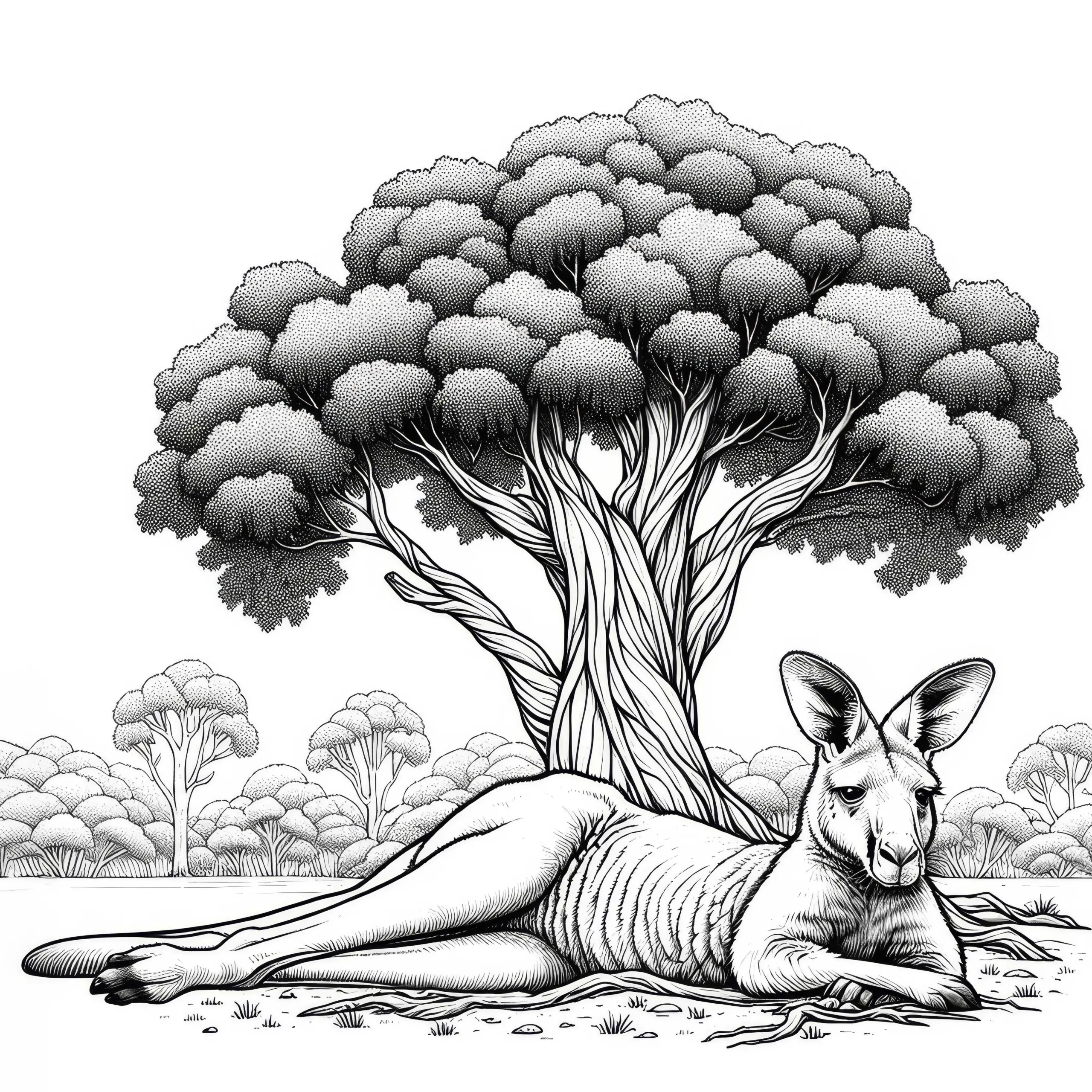 Känguru liegt entspannt unter einem Baum: Detailreiche Malvorlage (Kostenlos) (Ausmalbild)