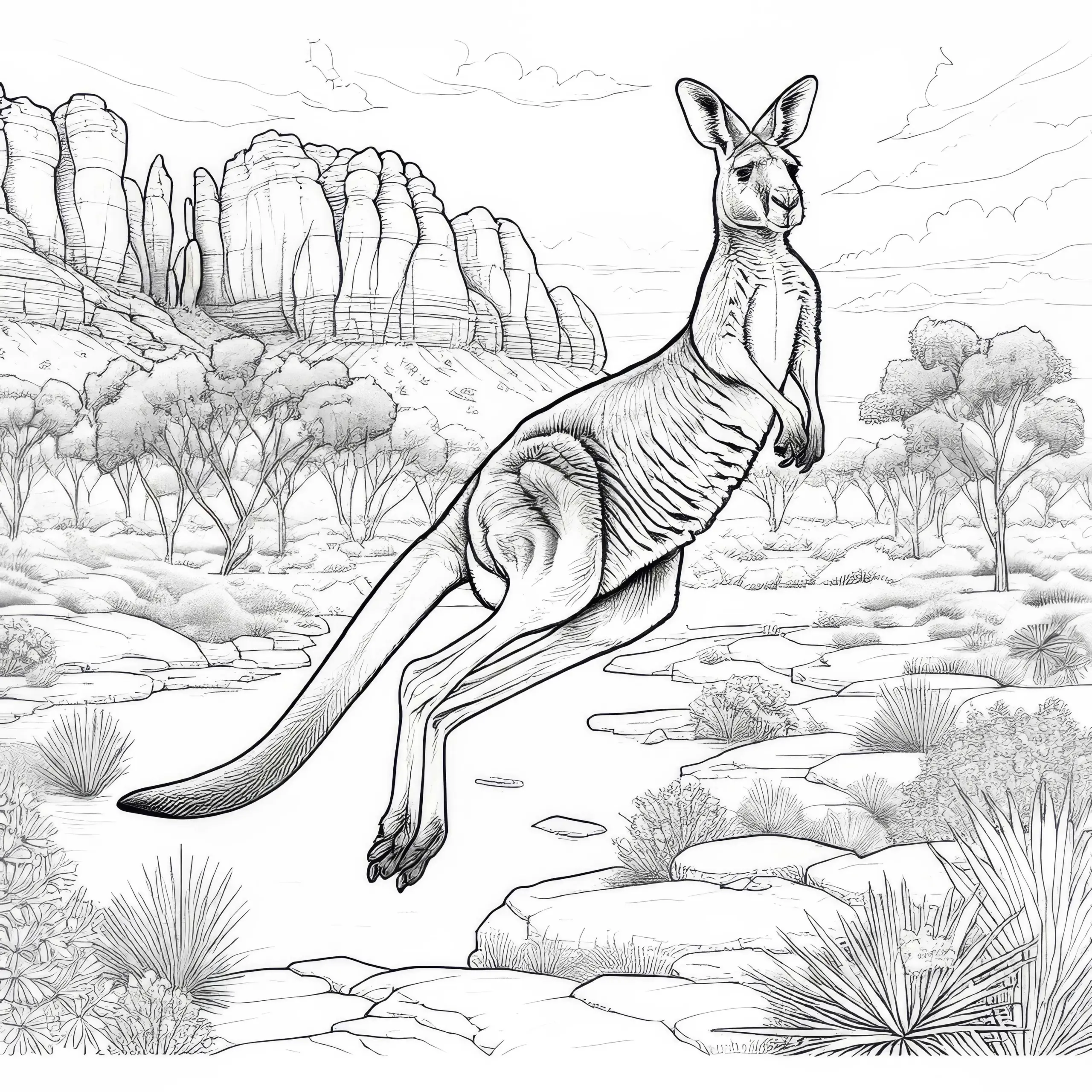 Känguru springt im australischen Outback: Ausmalbild zum Herunterladen (Kostenlos)