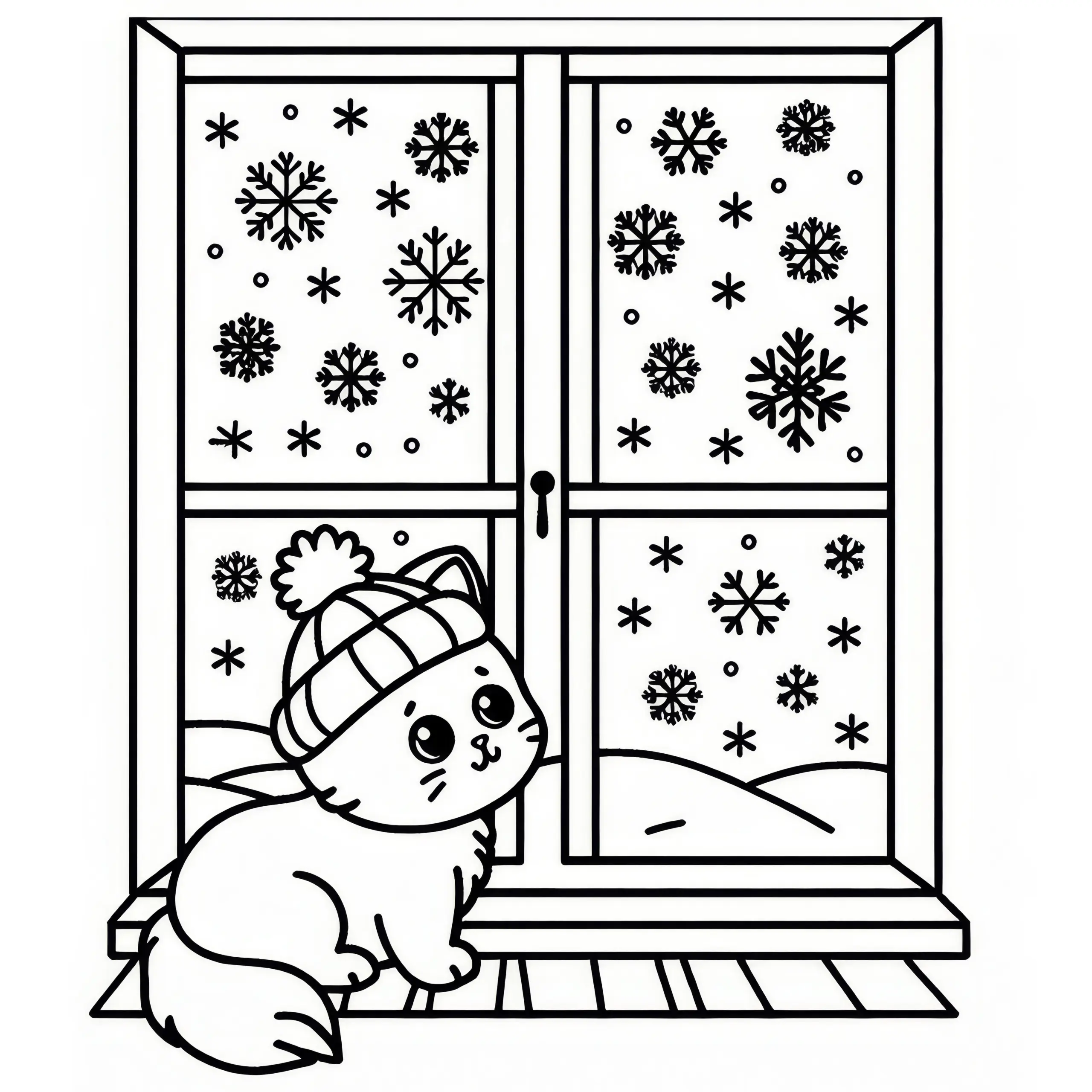 Kätzchen, das durch ein Fenster auf Schneeflocken im Februar schaut: Ausmalbild zum Herunterladen (Gratis)