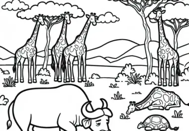 Kaffernbüffel grast friedlich neben Giraffen – Ausmalbild kostenlos