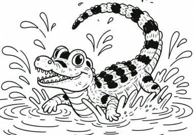 Kaiman peitscht mit Schwanz das Wasser – Ausmalbild kostenlos
