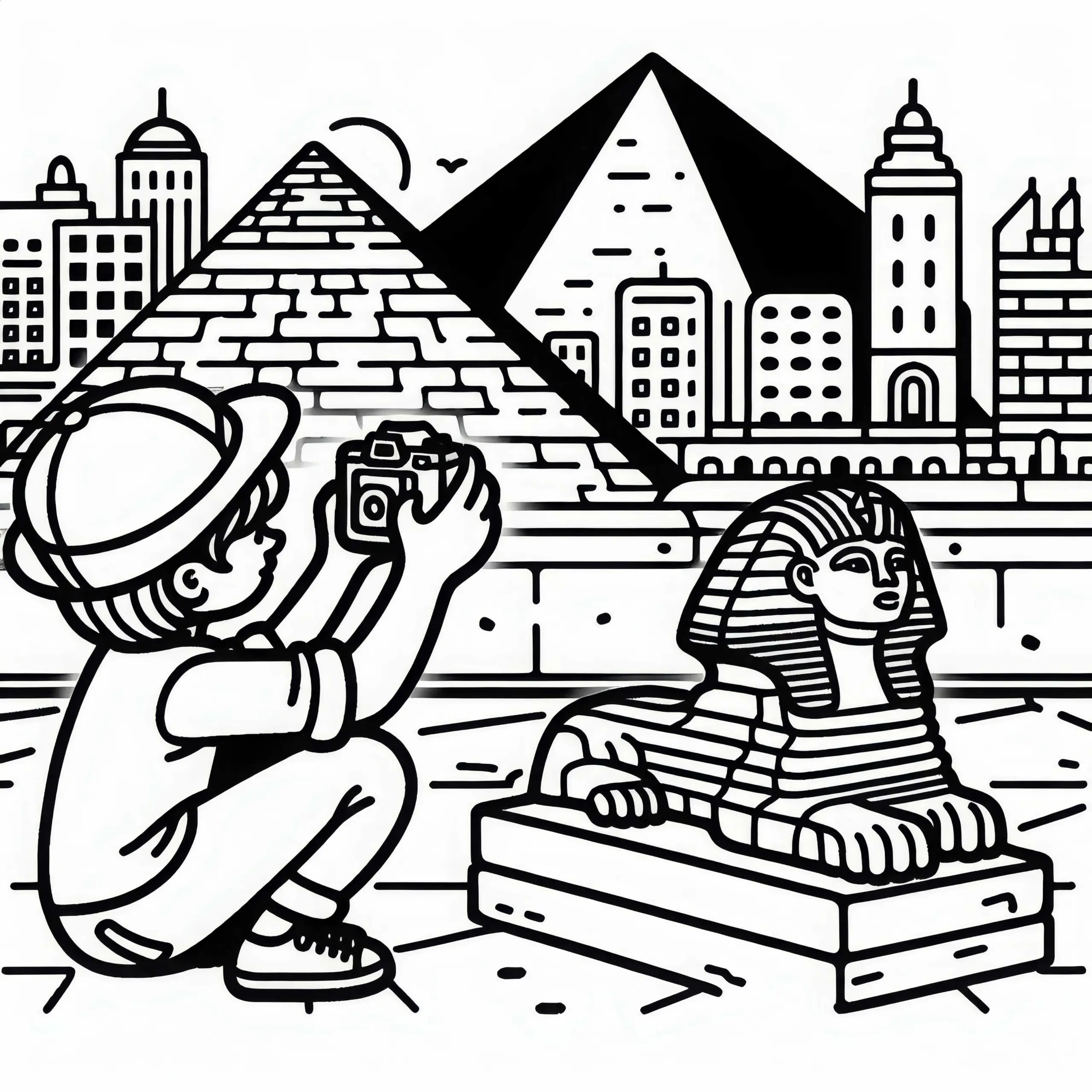 Kairo Junge fotografiert Sphinx Ausmalbild kostenlos