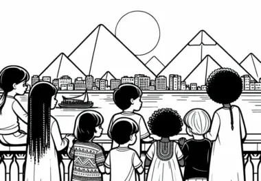 Kairo Kinder schauen auf Nil mit Blick auf Pyramiden Malvorlage gratis