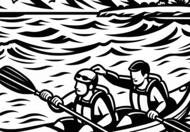Kajakfahrer helfen sich bei schwieriger Stelle im Wasser – Malvorlage gratis