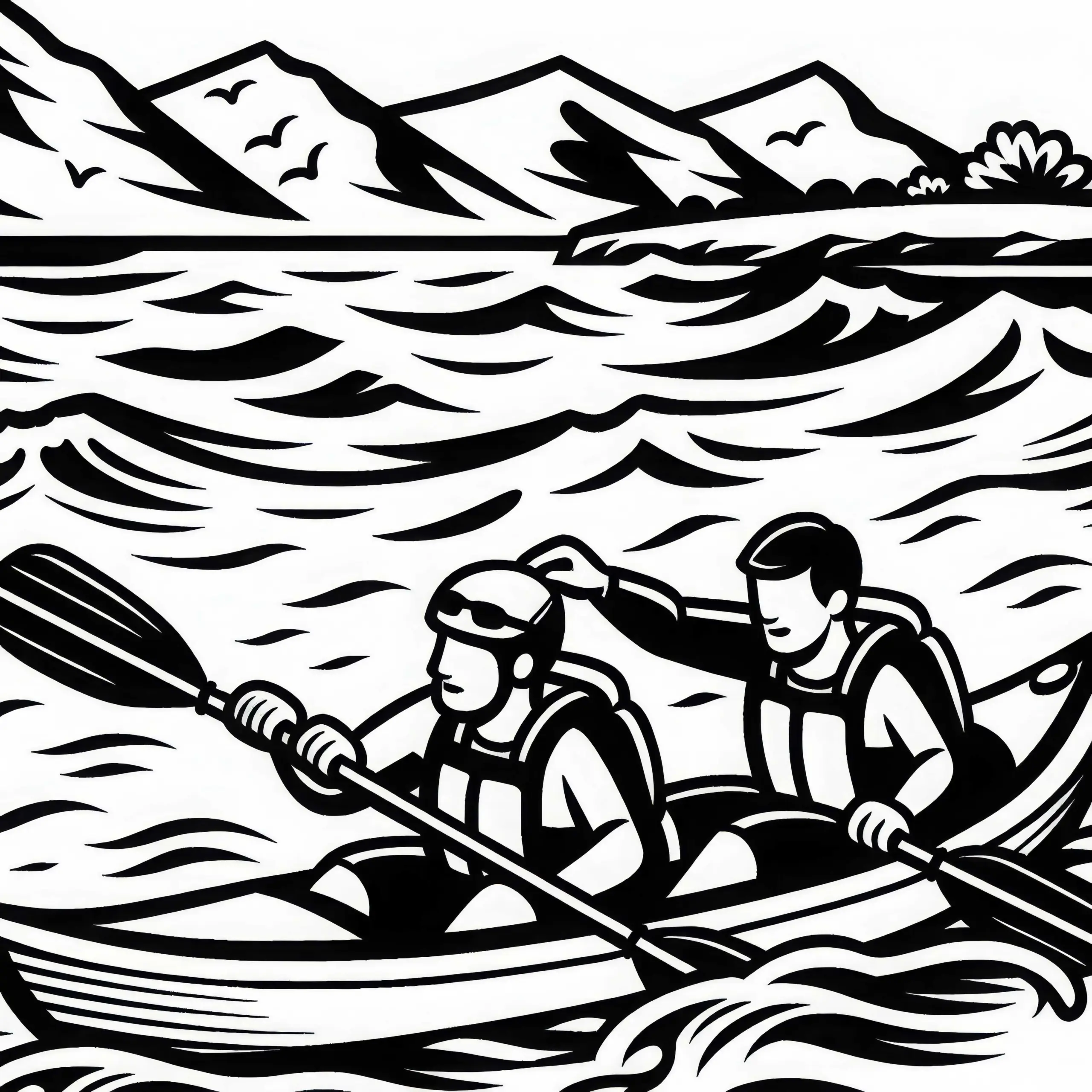 Kajakfahrer helfen sich bei schwieriger Stelle im Wasser – Malvorlage gratis (Ausmalbild)