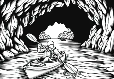 Kajakfahrer navigiert vorsichtig durch Höhle – Malvorlage kostenlos