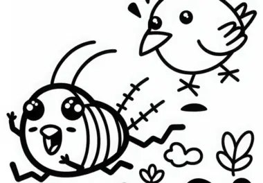 Kakerlake rennt blitzschnell über den Boden, während ein Vogel sie beobachtet – Ausmalbild zum Download