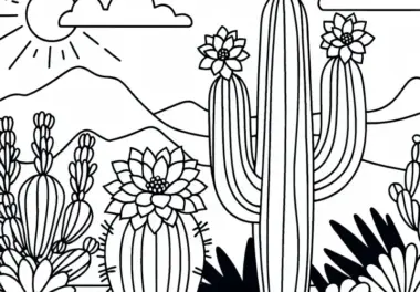 Kaktus mit Blüten in der Wüste – Ausmalbild kostenlos