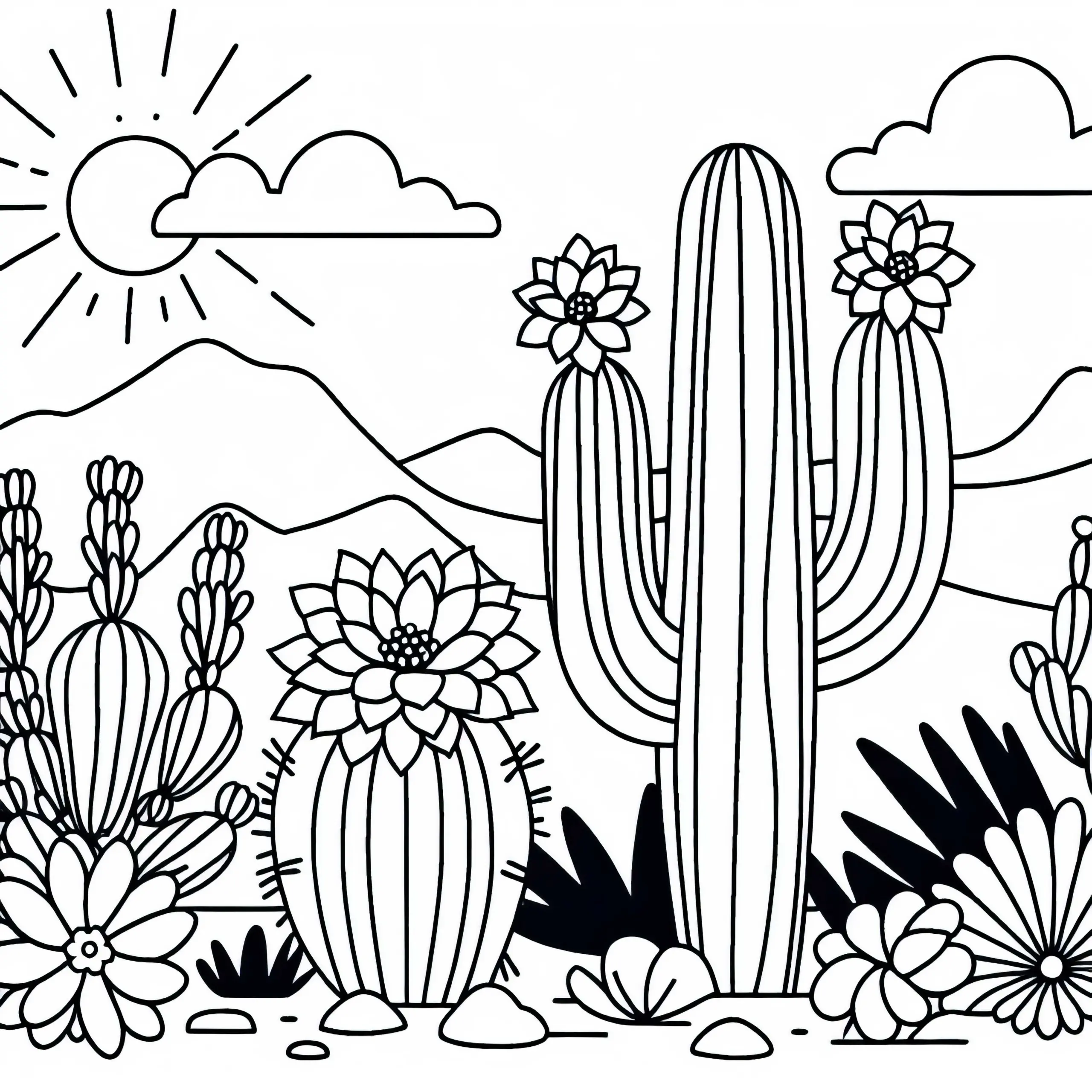 Kaktus mit Blüten in der Wüste – Ausmalbild kostenlos