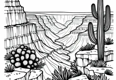Kaktus und Trockenlandschaft am Canyonrand – Ausmalbild Kostenlos