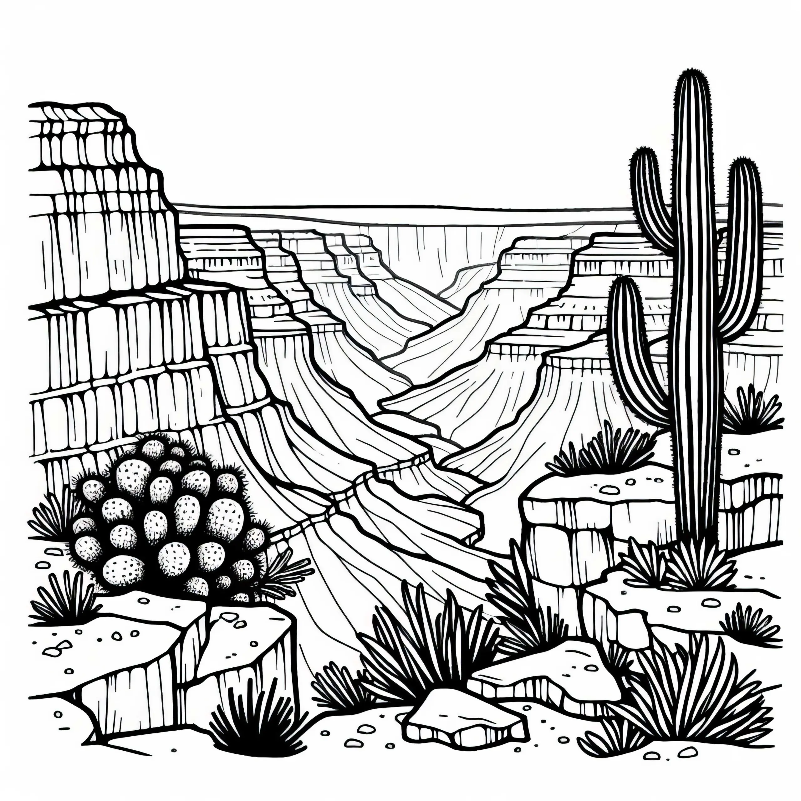 Kaktus und Trockenlandschaft am Canyonrand – Ausmalbild Kostenlos
