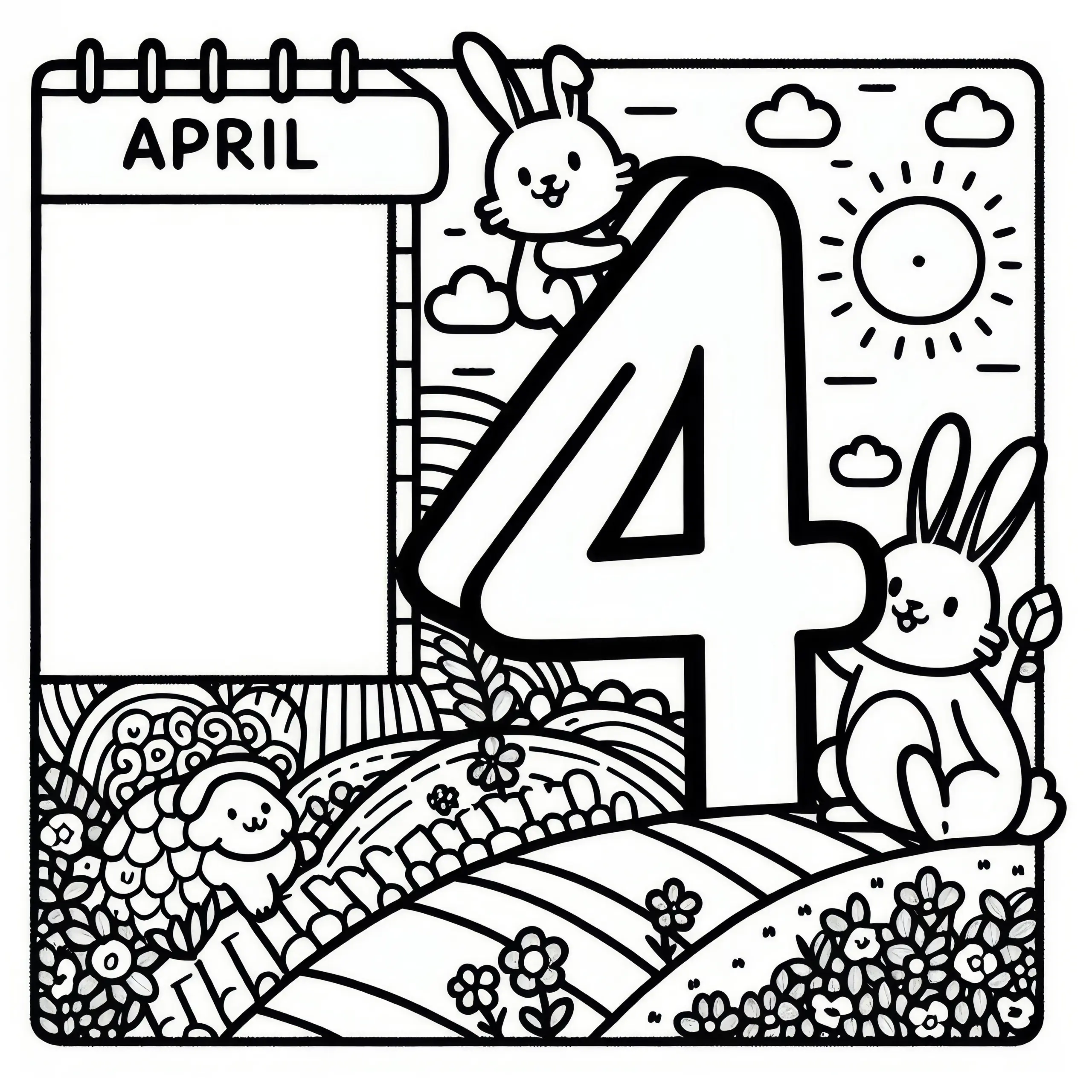 Kalenderblatt mit dem Monat 4 für April: Ausmalbild zum Download (Gratis)