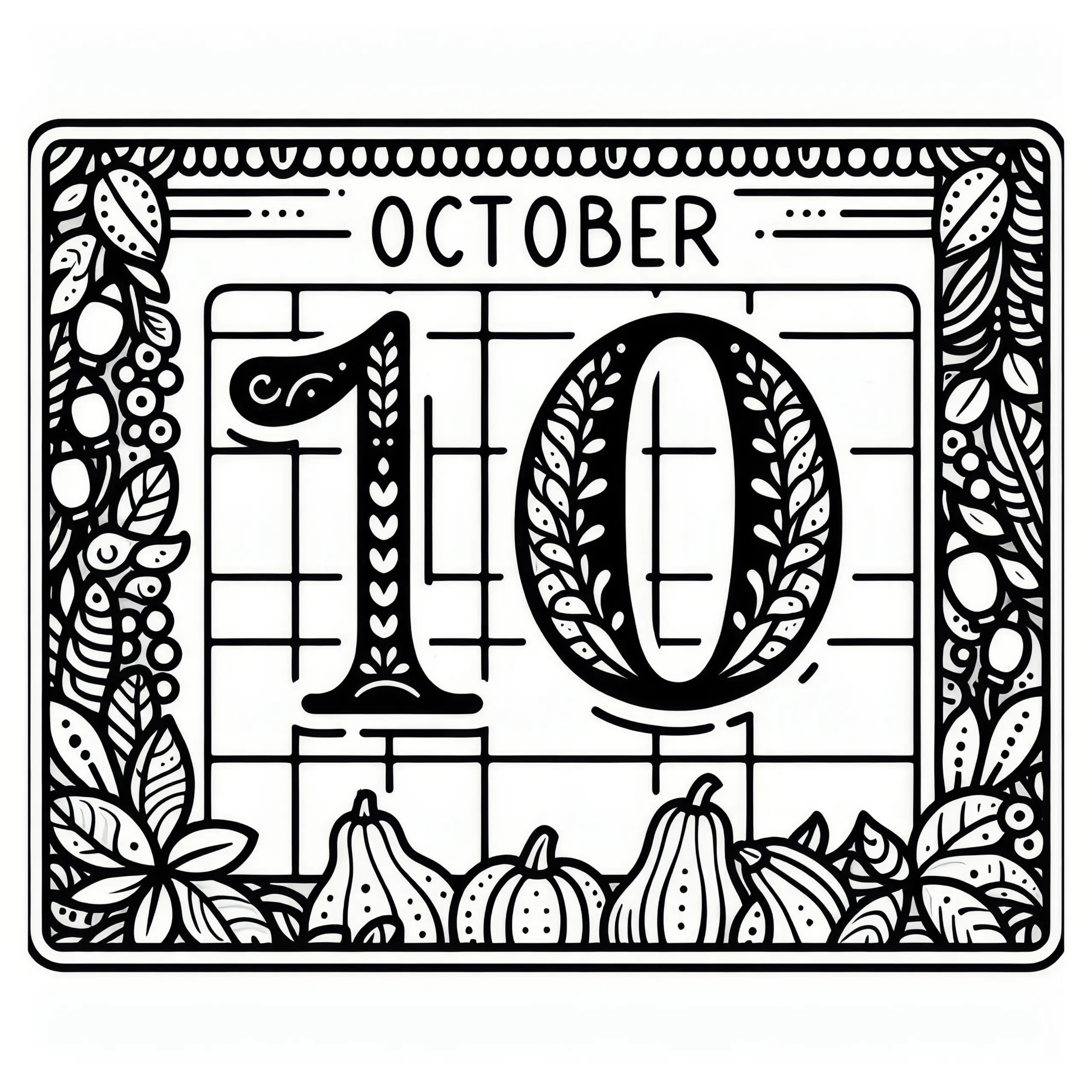 Kalenderblatt mit der Zahl 10 für Oktober als Ausmalbild (Kostenlos)
