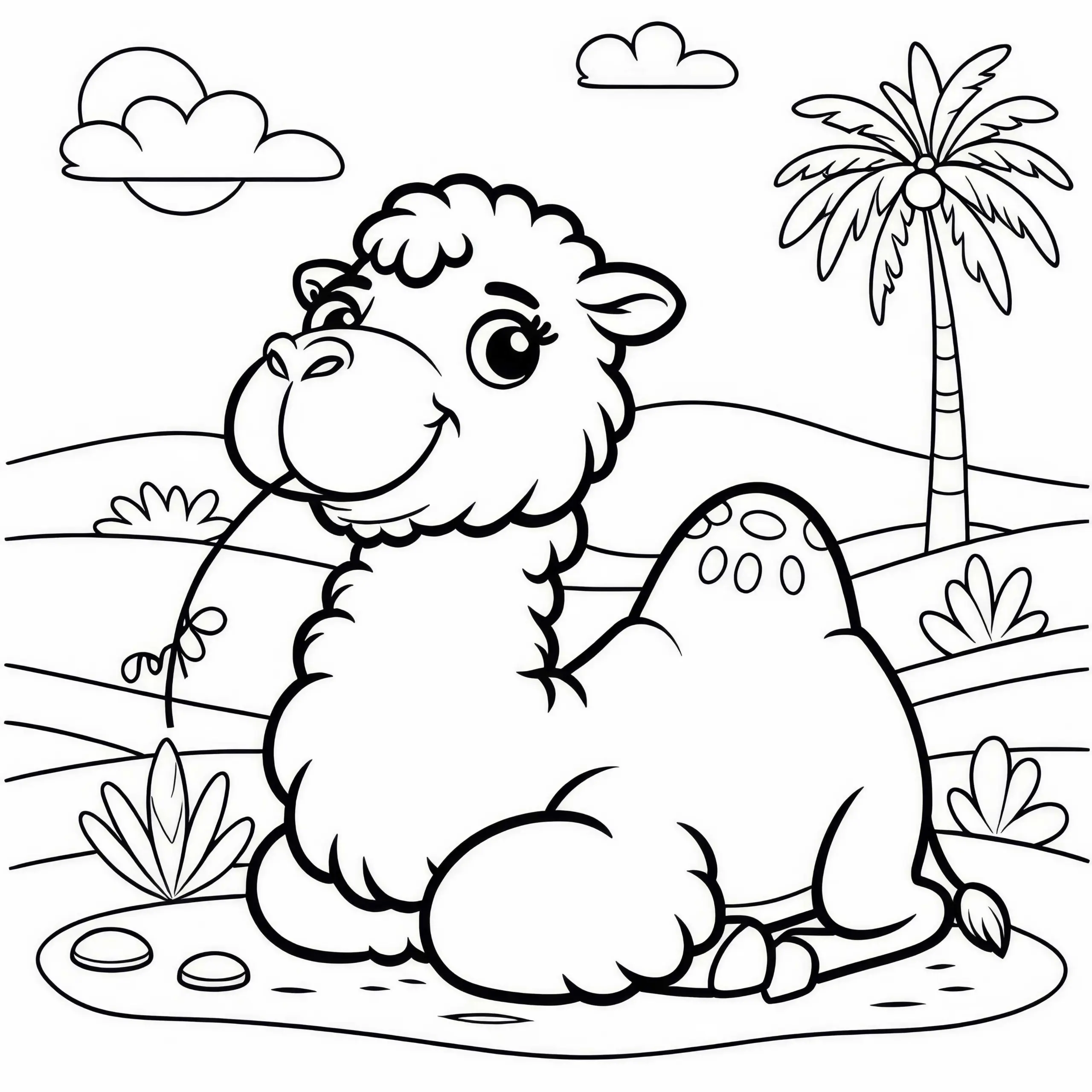 Kamel sitzt im Sand: Einfache Malvorlage (Gratis) (Ausmalbild)