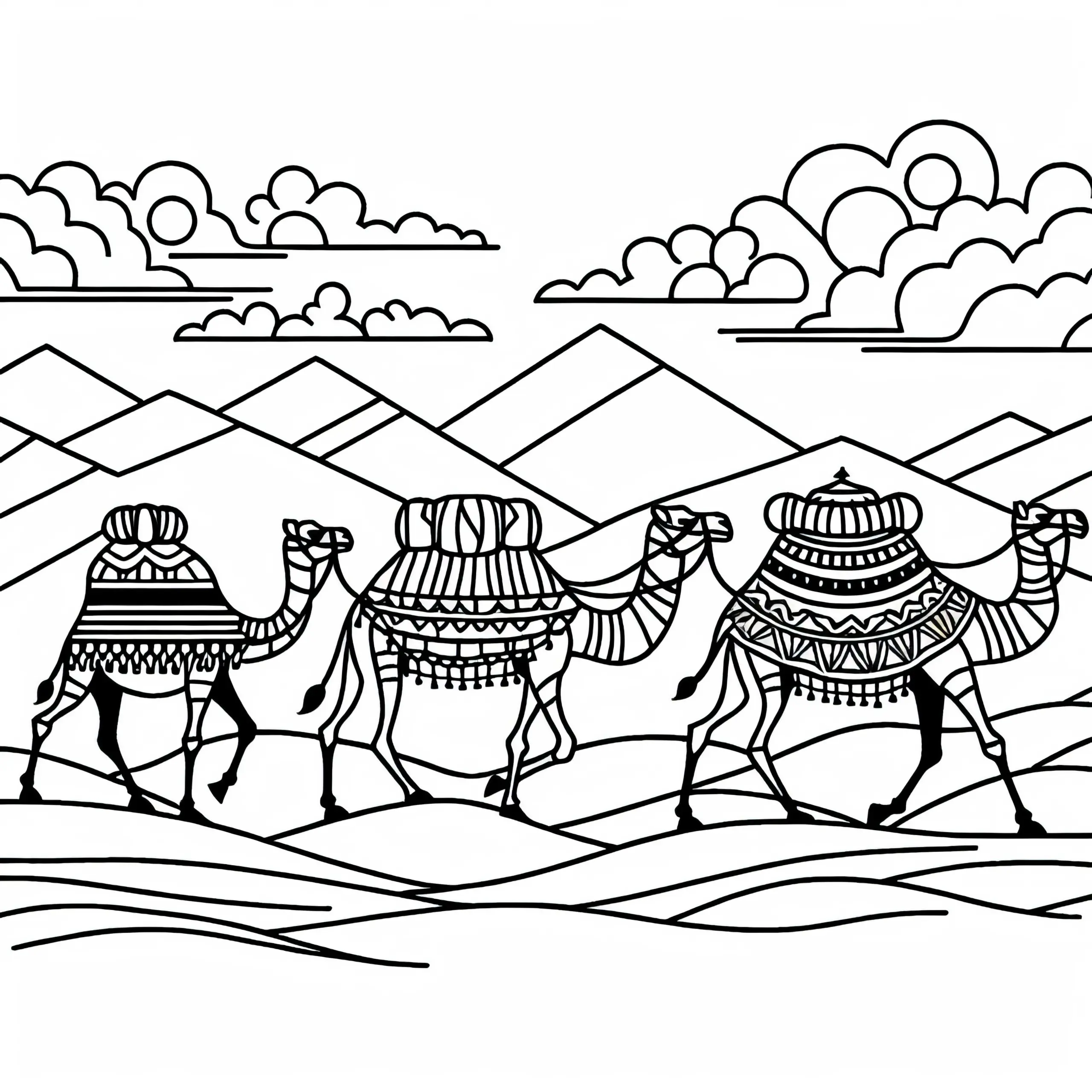Kamelkarawane in der Wüste – Malvorlage kostenlos (Ausmalbild)
