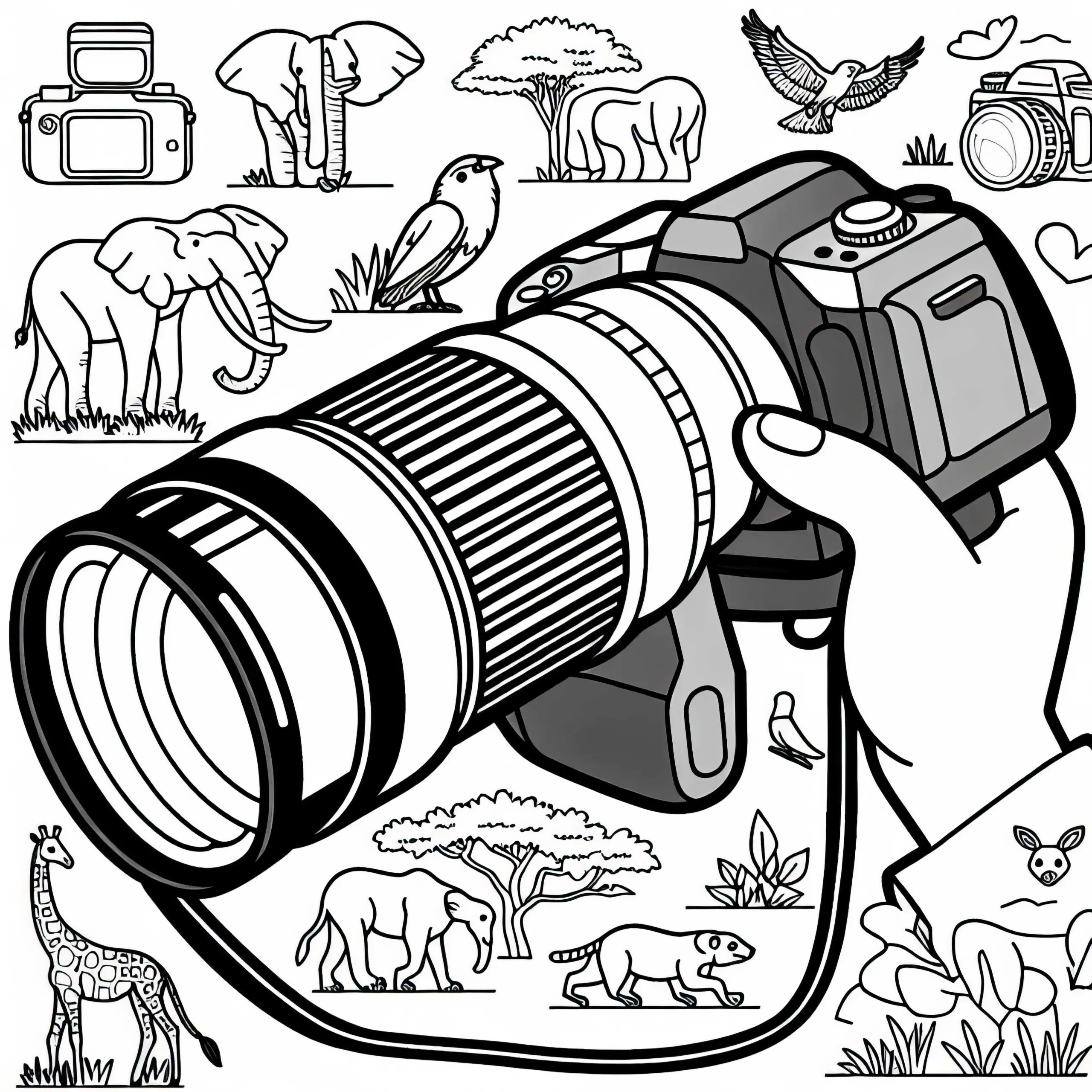 Hochwertiges Ausmalbild einer Kamera mit Teleobjektiv für Tierfotografen