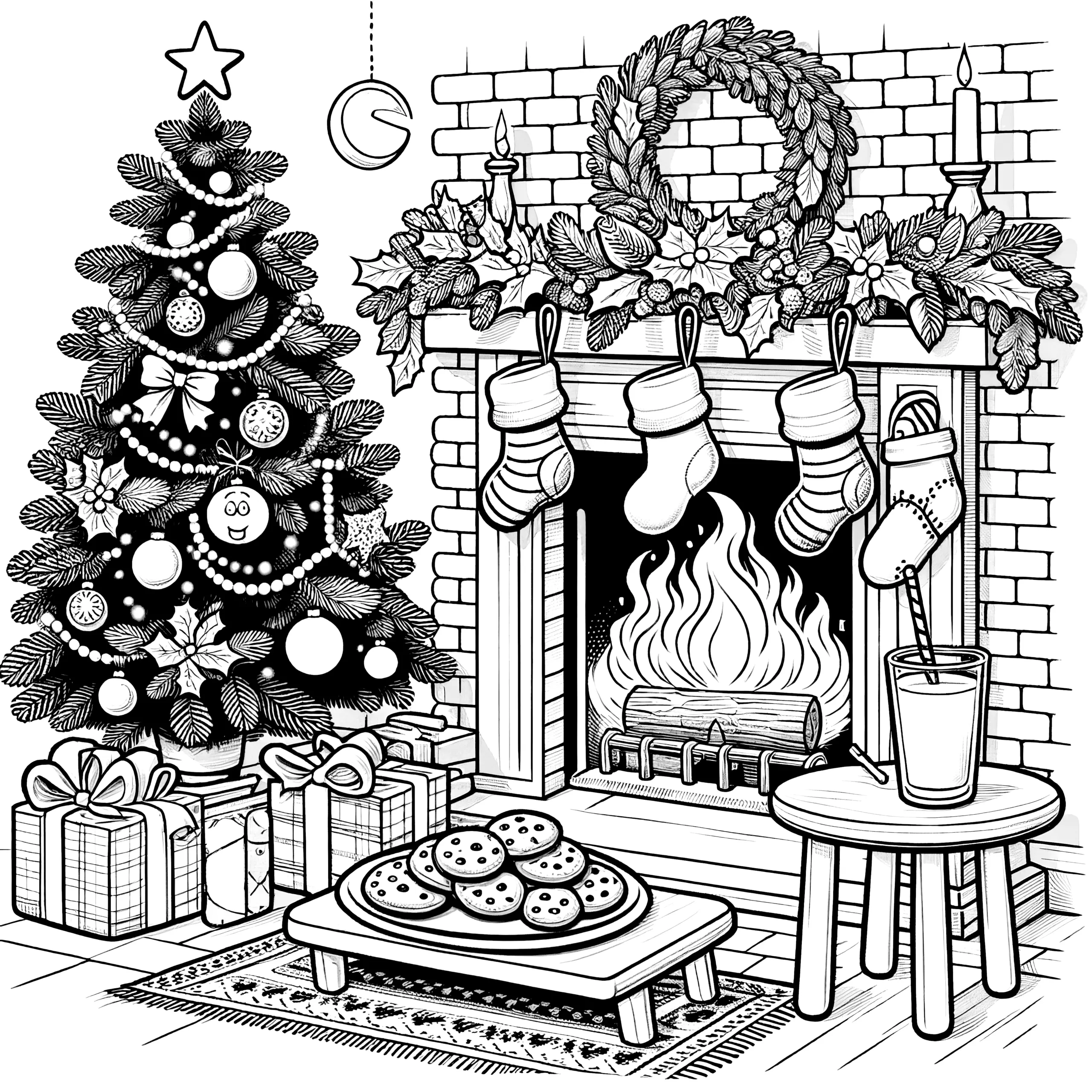 Kaminfeuer & Tannenbaum: weihnachtliche Malvorlage (Ausmalbild)