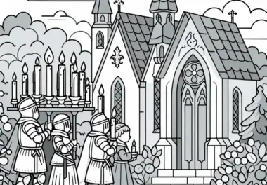 Kapelle mit Kindern, die Kerzen tragen – Malvorlage zum Ritterorden kostenlos herunterladen