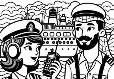 Kapitän spricht mit Crew-Mitglied – Ausmalbild gratis