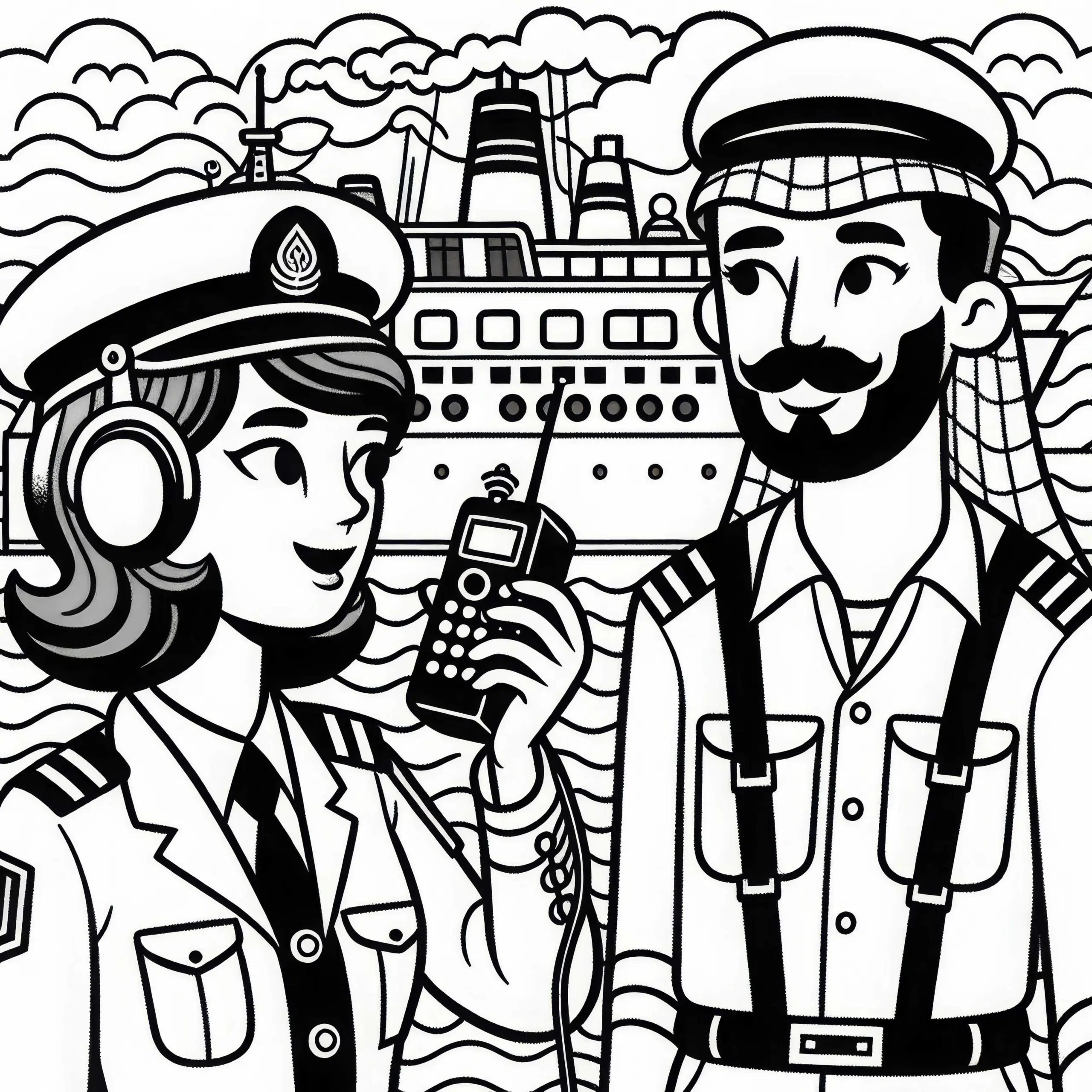 Kapitän spricht mit Crew-Mitglied – Ausmalbild gratis
