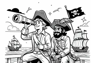Kapitän und Steuermann mit Fernrohr – Malvorlage für Piraten Kostenlos