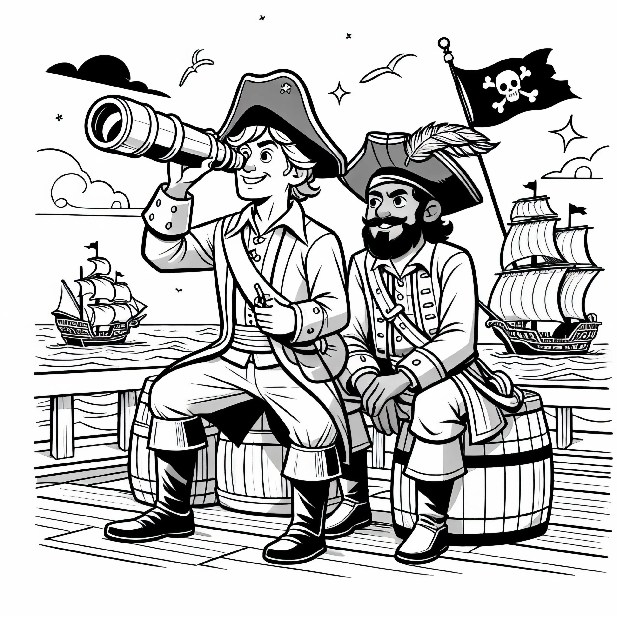 Kapitän und Steuermann mit Fernrohr – Malvorlage für Piraten Kostenlos (Ausmalbild)