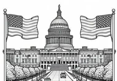 Kapitol Washington D.C. mit Flaggen und Besuchern – Malvorlage Nordamerika Kostenlos