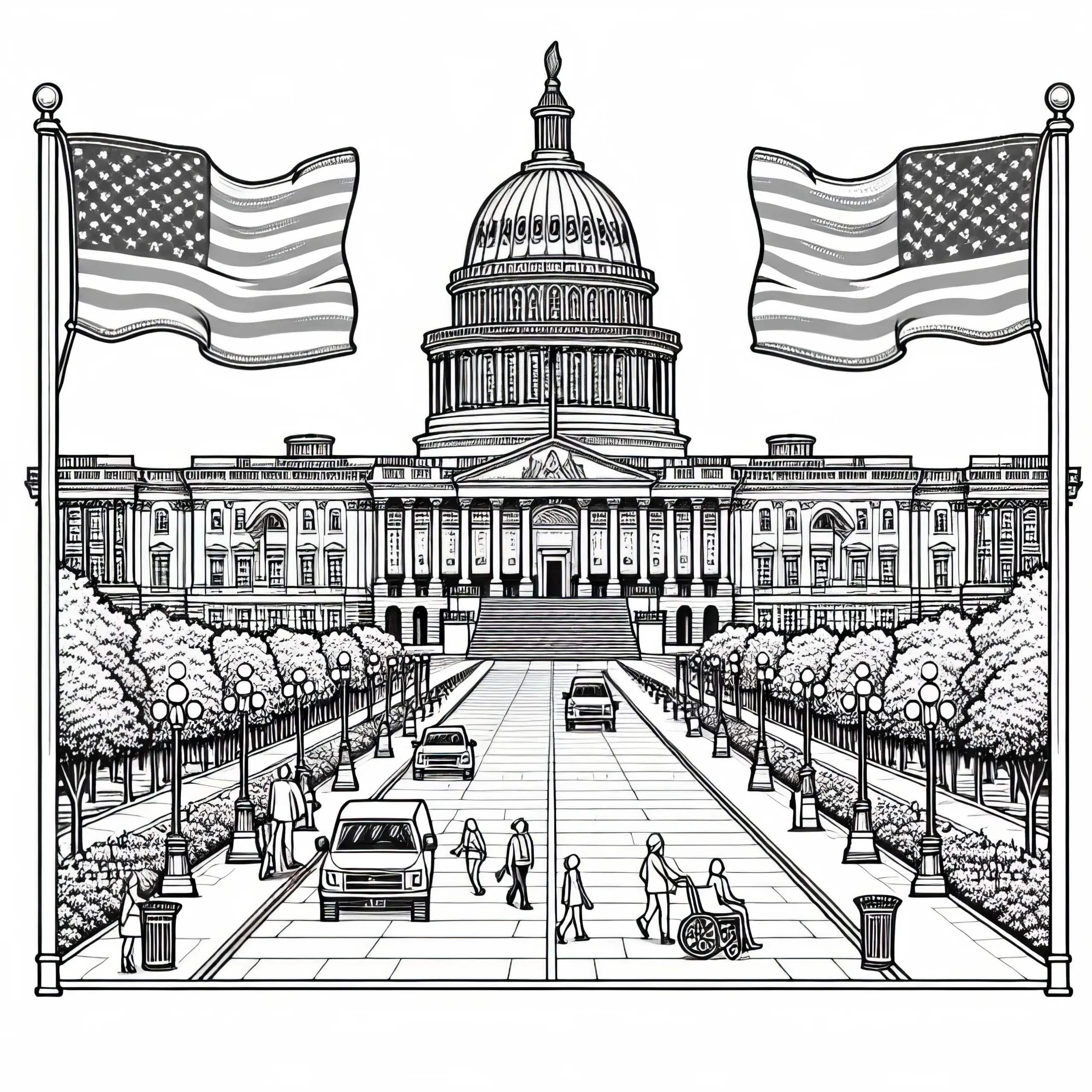 Kapitol Washington D.C. mit Flaggen und Besuchern – Malvorlage Nordamerika Kostenlos (Ausmalbild)