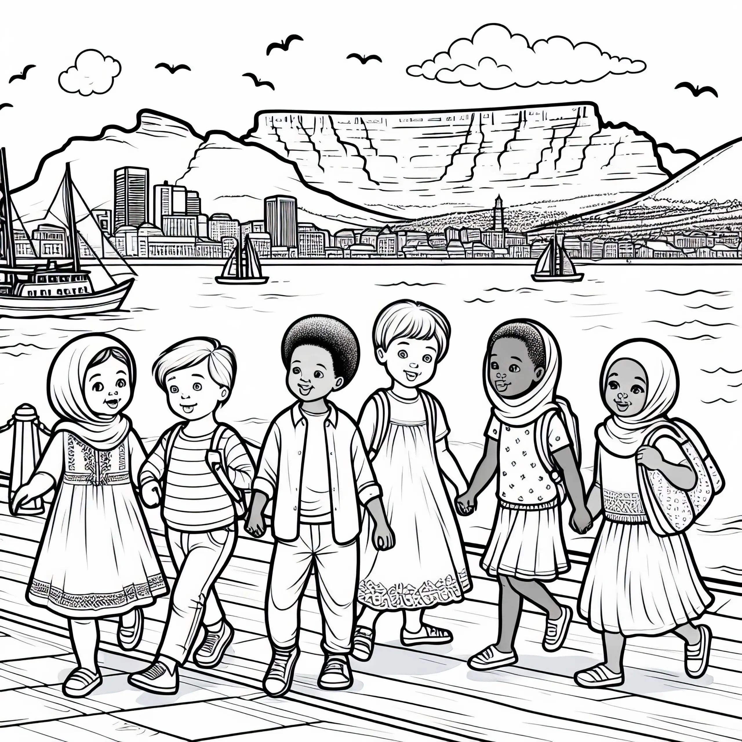 Kapstadt: Kinder spazieren an der Waterfront mit Blick auf den Tafelberg – Malvorlage (Ausmalbild)