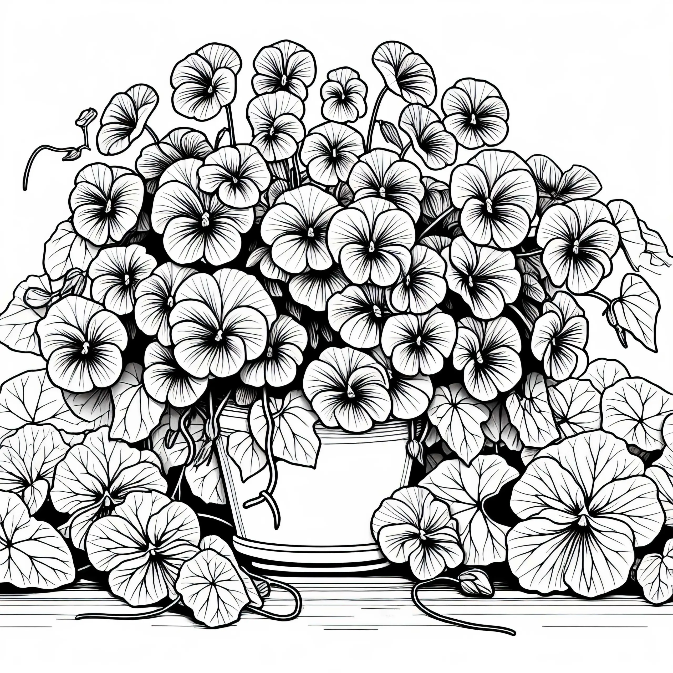Kapuzinerkresse, die über Blumentopf rankt – Malvorlage Sommerblume kostenlos (Ausmalbild)