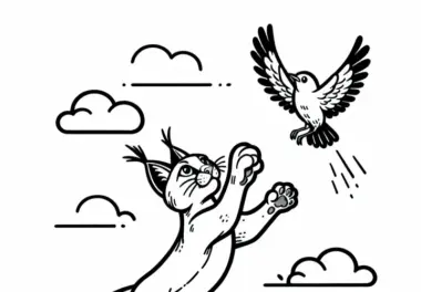 Karakal springt hoch in die Luft, um einen Vogel zu fangen – Ausmalbild gratis