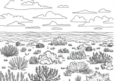 Karge Steppe mit vereinzelten Büsche – Malvorlage kostenlos