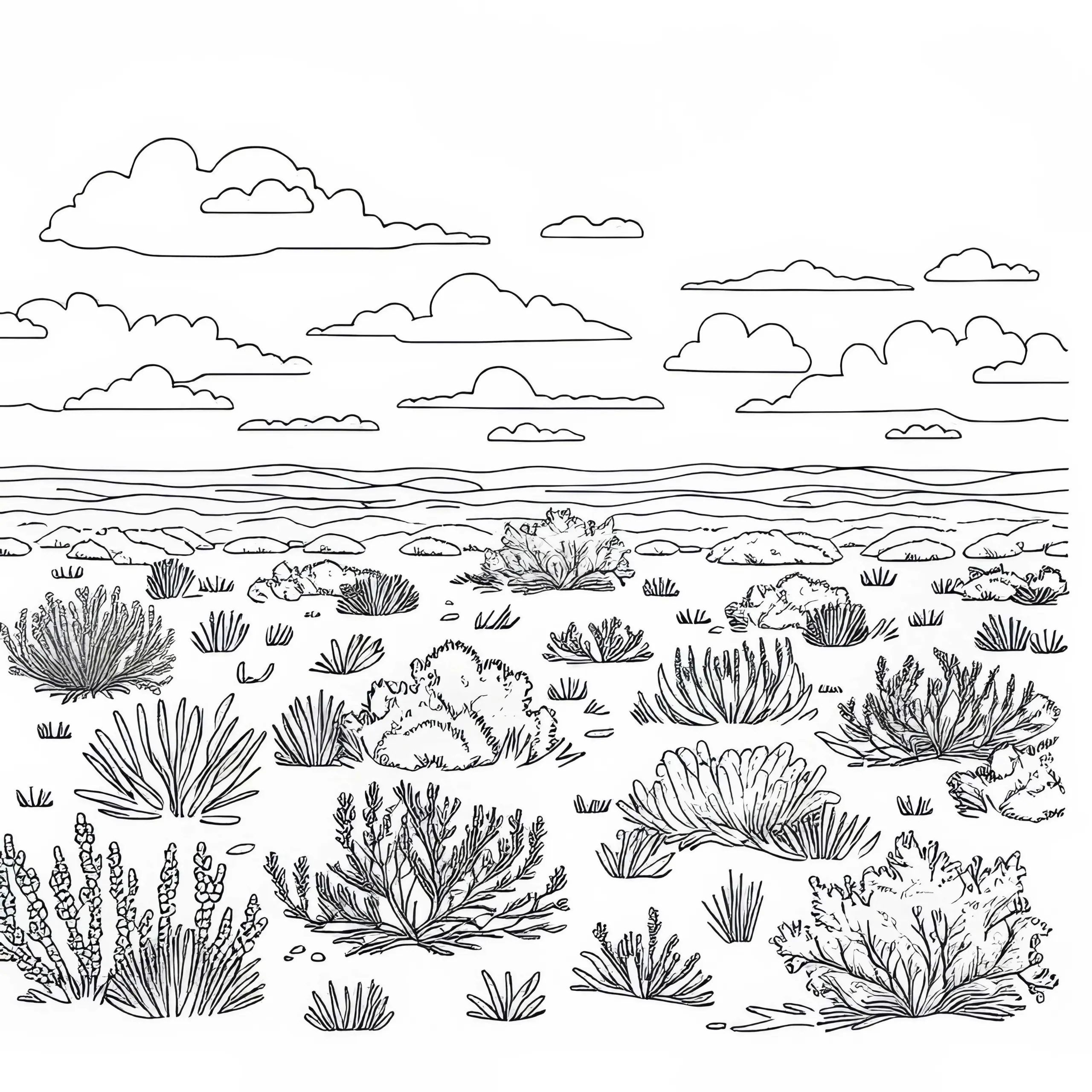 Karge Steppe mit vereinzelten Büsche – Malvorlage kostenlos (Ausmalbild)