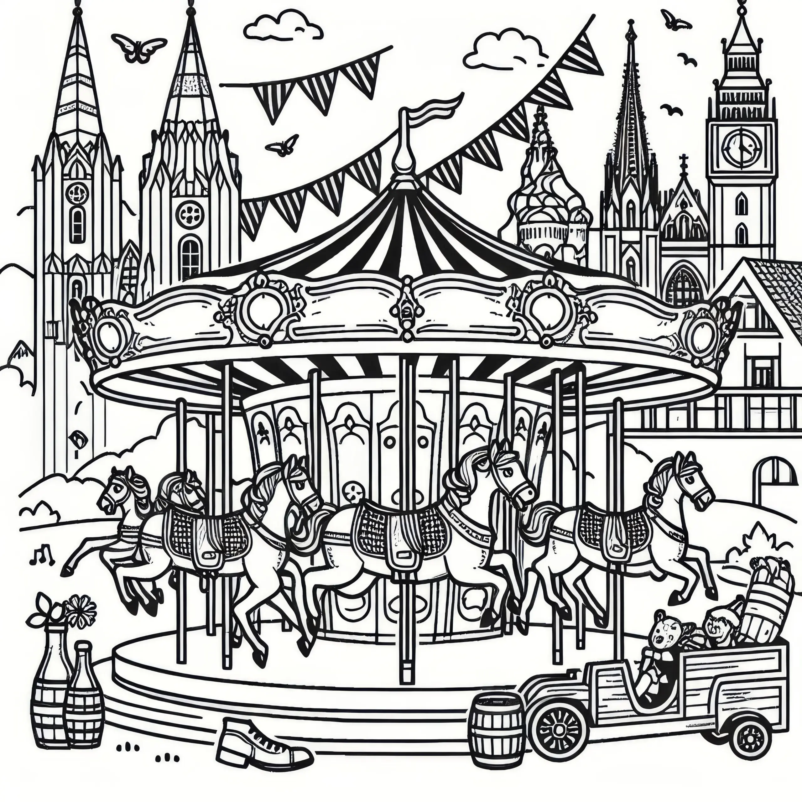 Karussell auf dem Oktoberfest: Ausmalbild zum Herunterladen (Gratis)