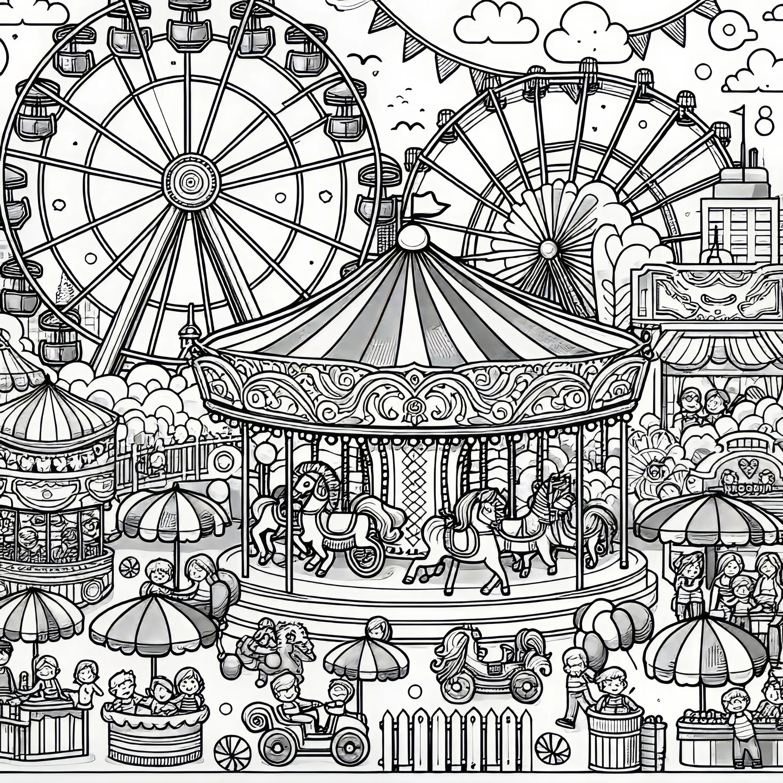 Karussell und Riesenräder im Freizeitpark: Malvorlage zum Download (Gratis) (Ausmalbild)