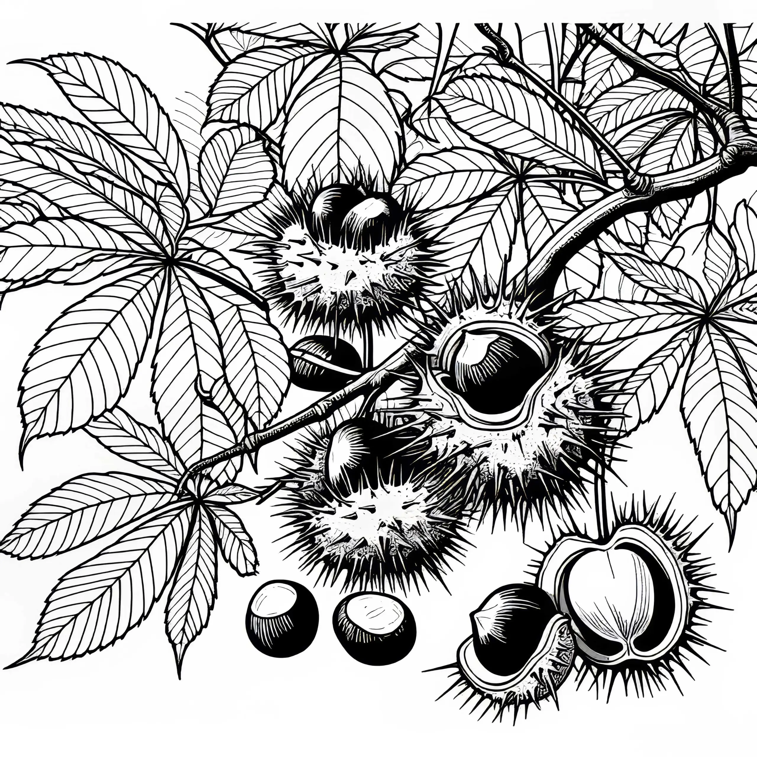 Kastanien in stacheligen Schalen an einer Rosskastanie – Malvorlage Gratis (Ausmalbild)
