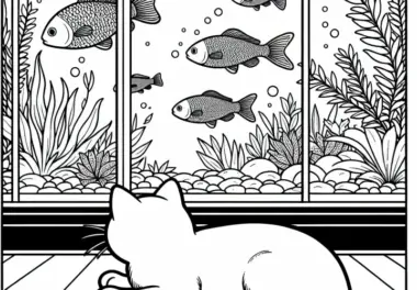 Katze beobachtet Fische im Aquarium – Malvorlage kostenlos