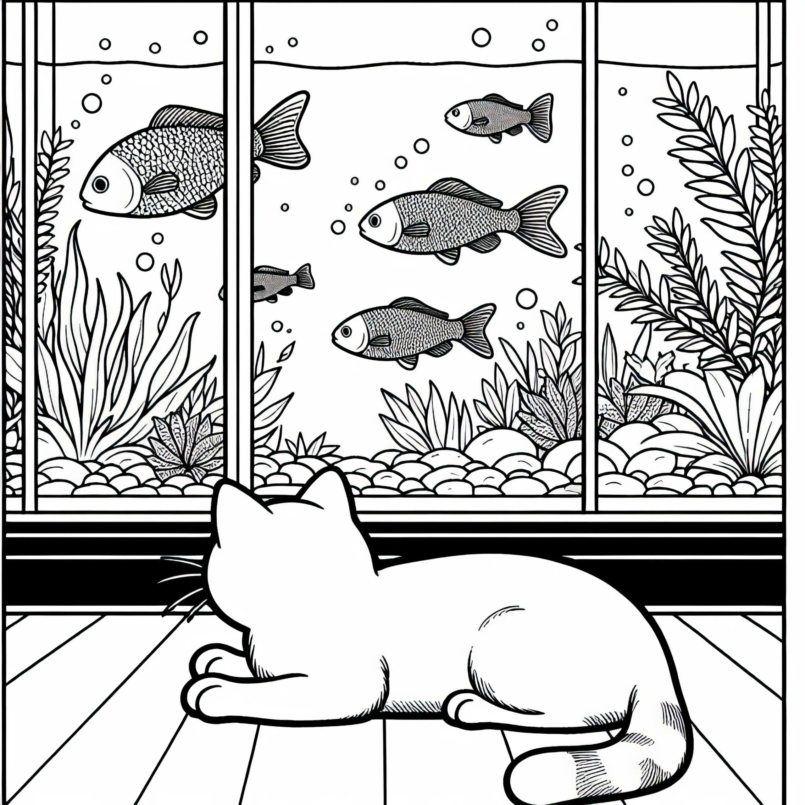 Katze beobachtet Fische im Aquarium – Malvorlage kostenlos (Ausmalbild)