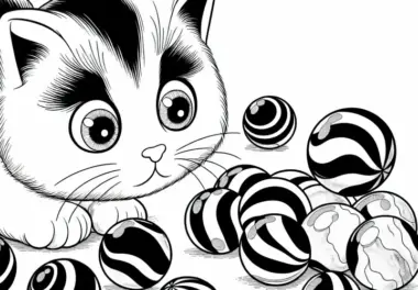 Katze beobachtet neugierig rollende Murmeln – Malvorlage kostenlos