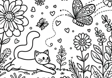 Katze jagt Schmetterling im Garten – Ausmalbild Kostenlos