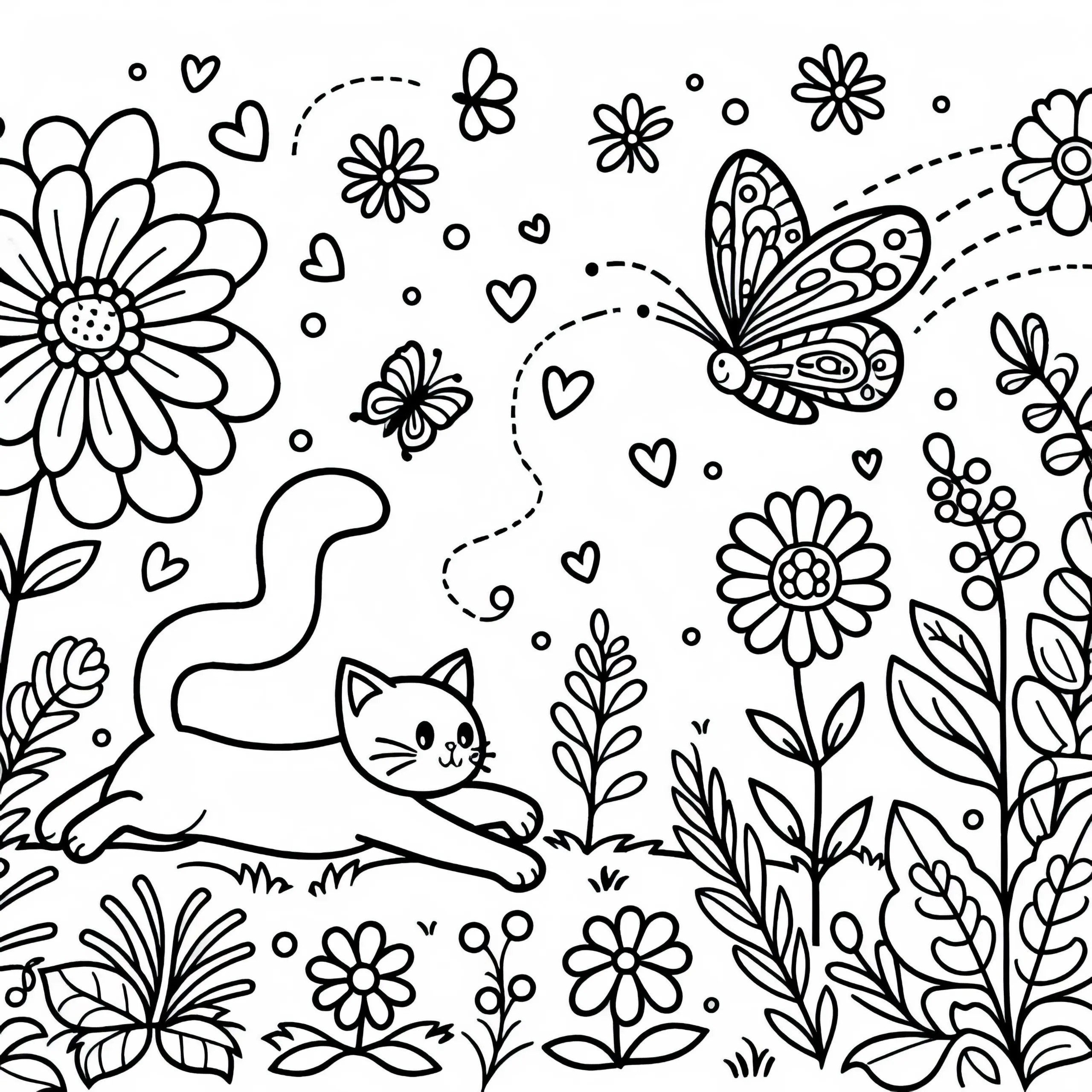Katze jagt Schmetterling im Garten – Ausmalbild Kostenlos