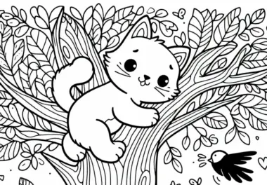 Katze klettert auf Baum – Malvorlage kostenlos