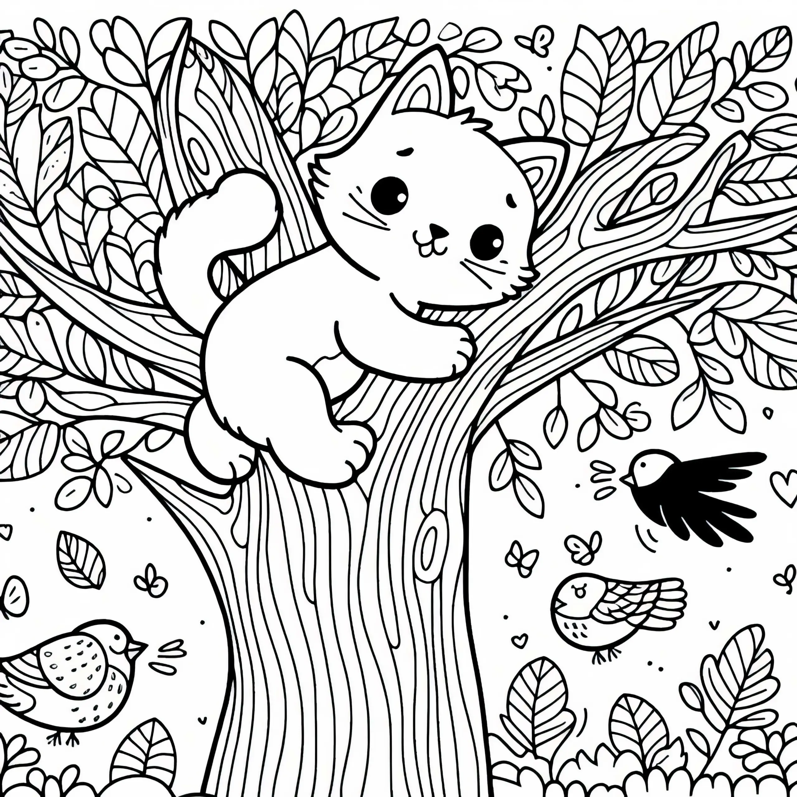 Katze klettert auf Baum – Malvorlage kostenlos (Ausmalbild)
