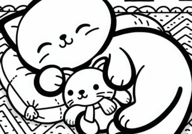 Katze kuschelt sich an Plüschtier – Ausmalbild zum Gratis-Download
