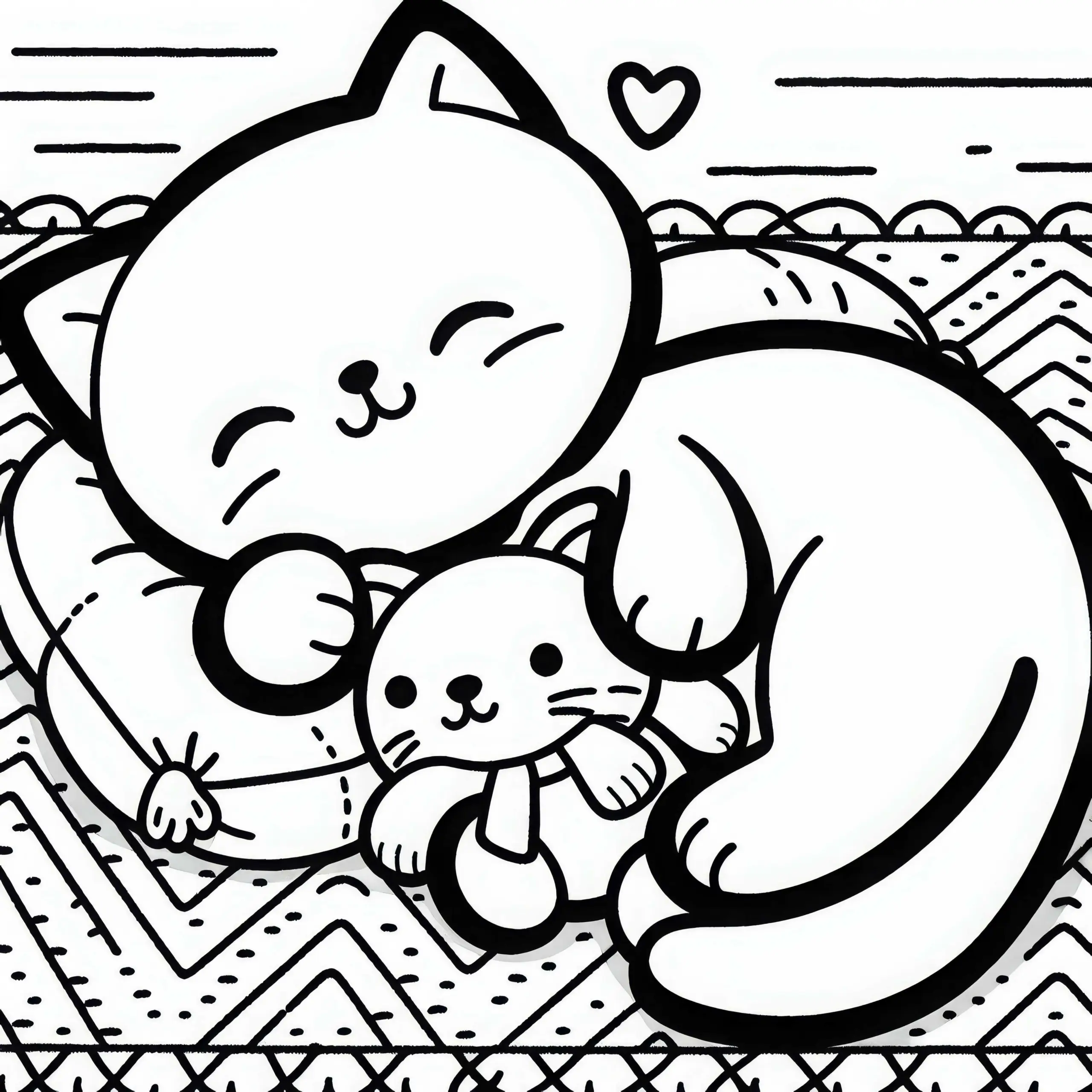 Katze kuschelt sich an Plüschtier – Ausmalbild zum Gratis-Download