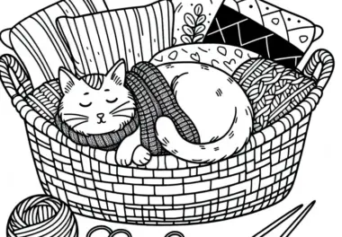 Katze liegt zusammengerollt im Körbchen – Ausmalbild kostenlos