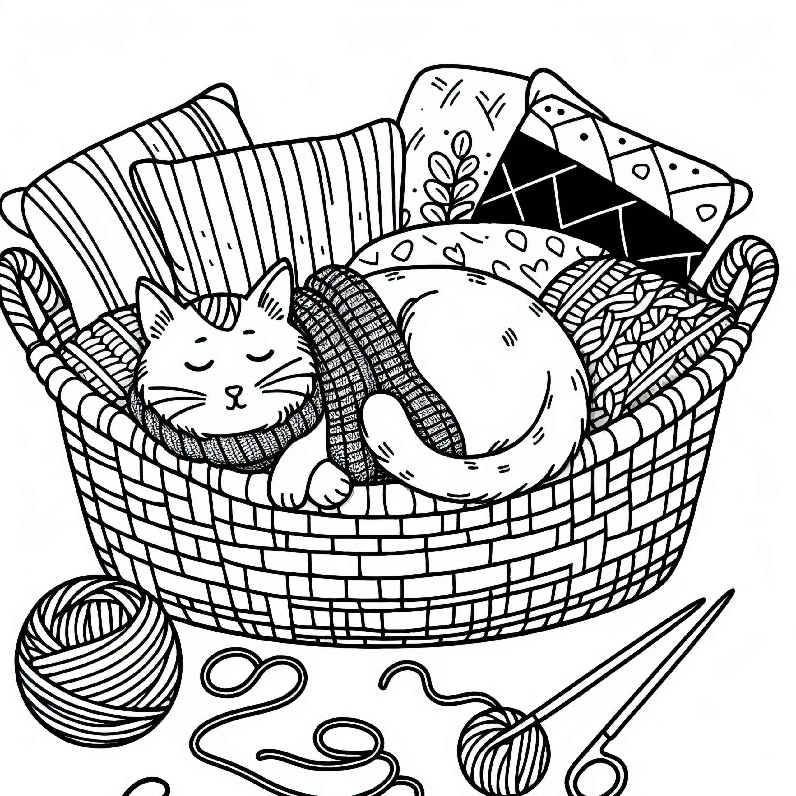 Katze liegt zusammengerollt im Körbchen – Ausmalbild kostenlos