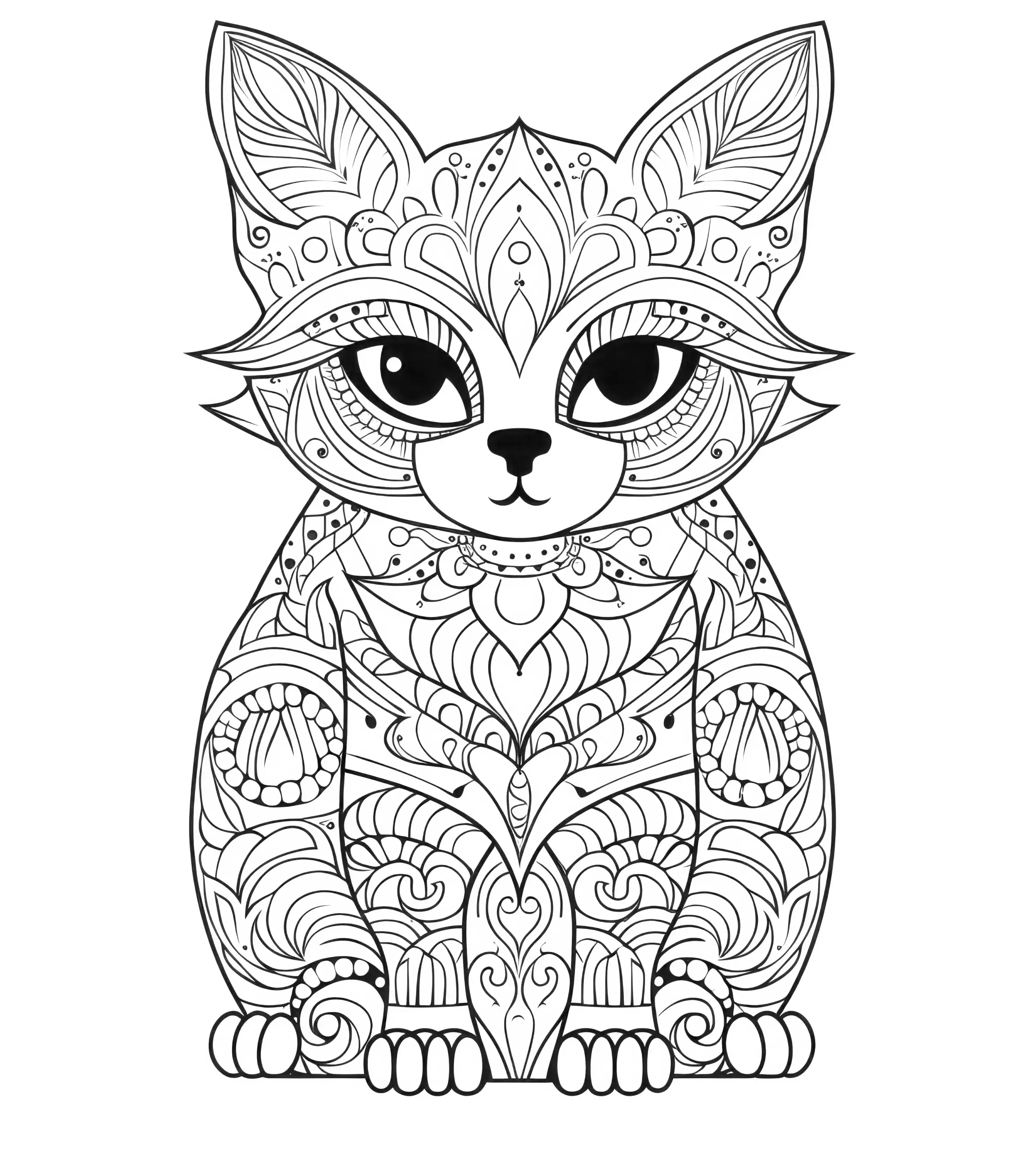 Malvorlage: Kunstvolles Katze-Mandala zum Ausdrucken (Ausmalbild)